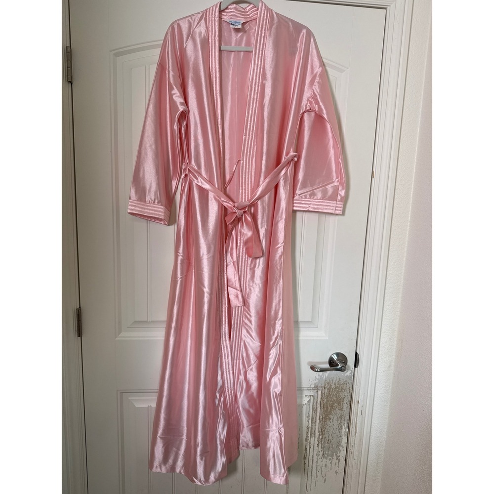 Vintage 70s Pink Acetate Satin Maxi Robe 12/14 Balletcore Bridal Boudoir Glamour